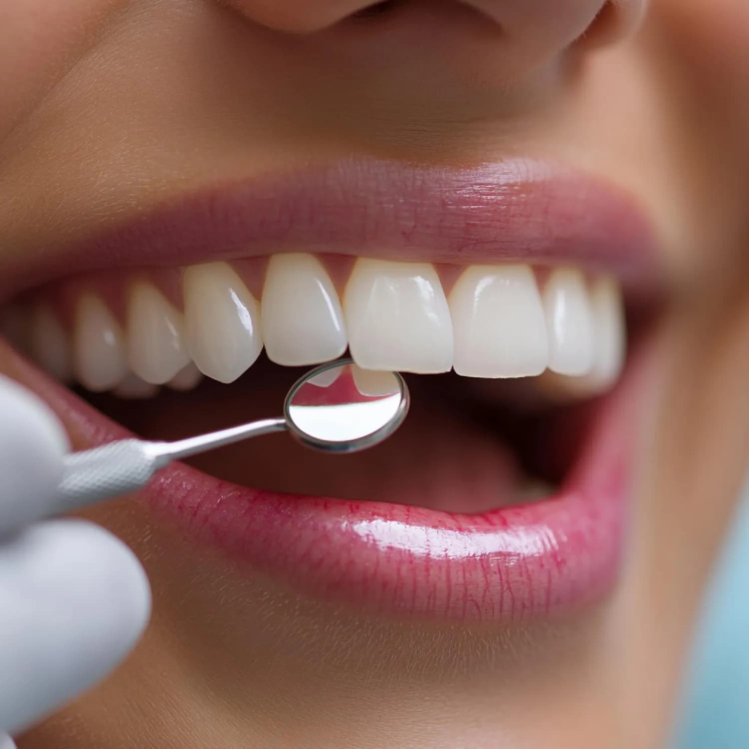 A dental professional examining a patient's teeth using a mirror for E.max veneers.